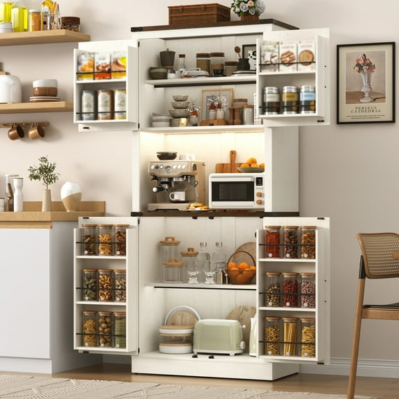 72" Tall Farmhouse Kitchen Pantry Cabinet with 10 Side Shelves and LED Light & Power Outlet, 5 Layers Pantry Storage Cabinet with Barn Doors&Load-Bearing Steel Pipe for Dining Room,Living Room,White