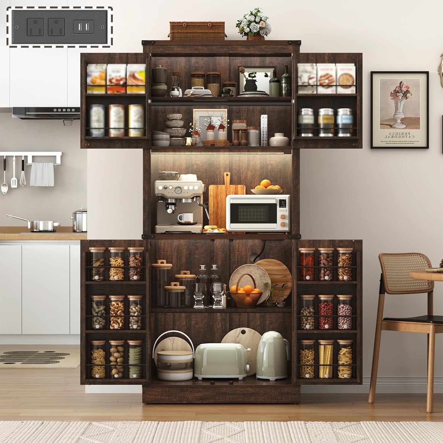 72" Tall Farmhouse Kitchen Pantry Cabinet with 10 Side Shelves, 5 Layers LED Pantry Storage Cabinet with Power Outlet & Barn Doors and Load-Bearing Steel Pipe for Dining Room,Living Room,Brown - Walmart.com