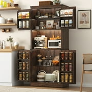 72" Tall Farmhouse Kitchen Pantry Cabinet with 10 Side Shelves and LED Light & Power Outlet, 5 Layers Pantry Storage Cabinet with Barn Doors&Load-Bearing Steel Pipe for Dining Room,Living Room