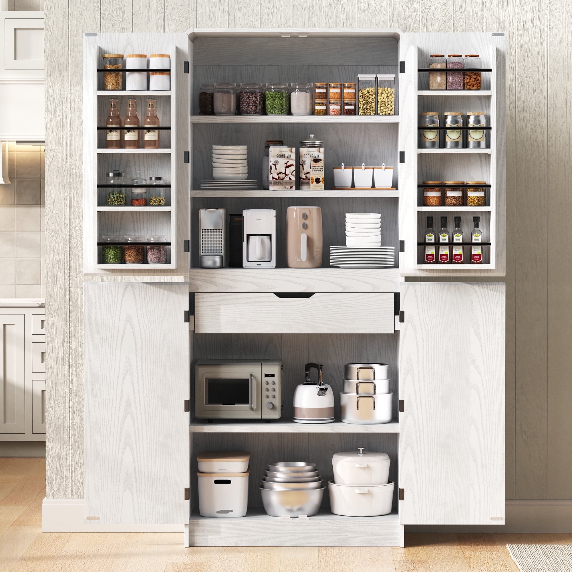 72" Tall Farmhouse Kitchen Pantry Cabinet with 8 Door Shelves, Curved Design Storage Cabinet with 3 Adjustable Shelves, Hidden Drawer, Versatile Cupboard for Kitchen, Dining & Bathroom, White