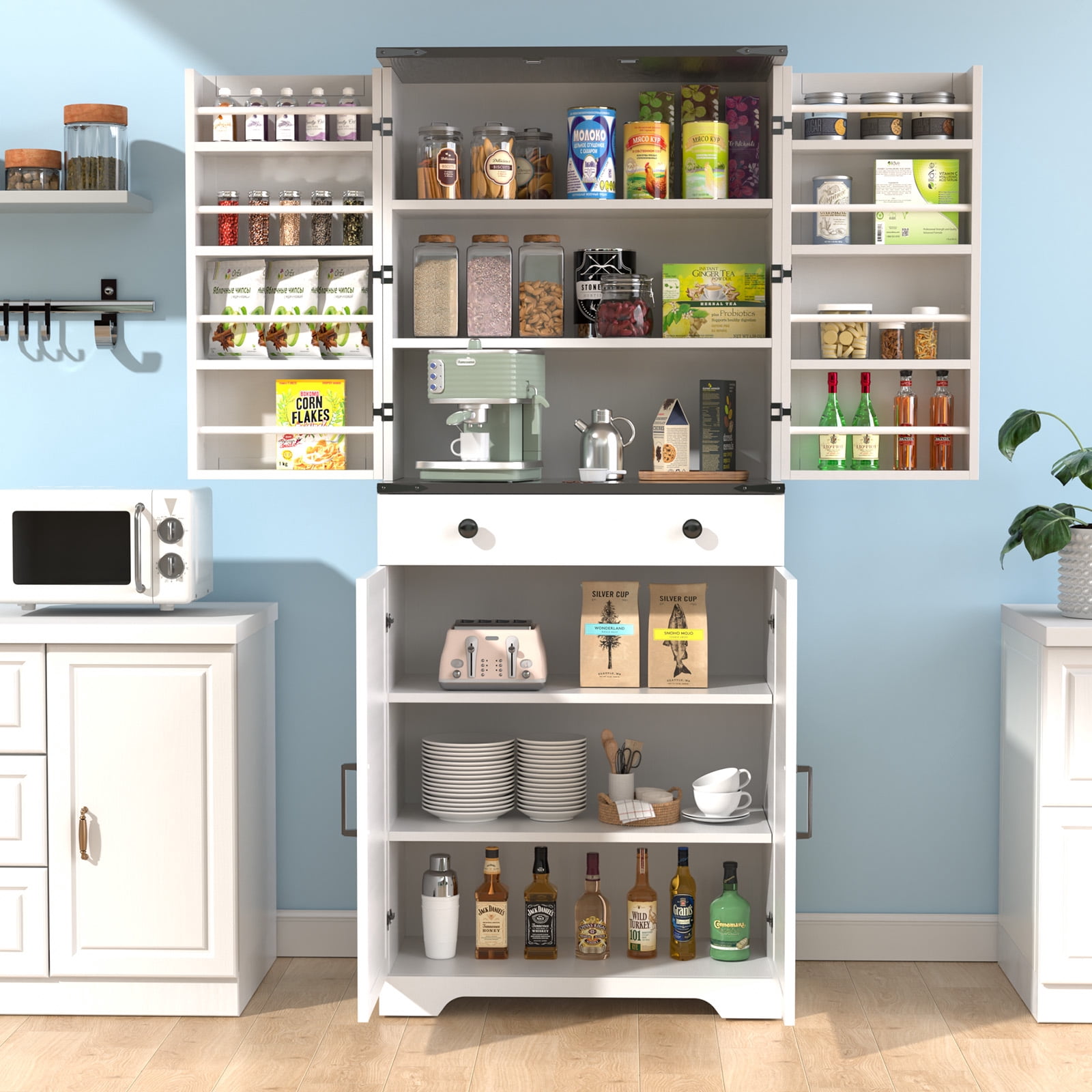 72" Tall White Kitchen Pantry Cabinet With Barn Doors, Drawer & Adjustable Shelves - Farmhouse Storage Cupboard