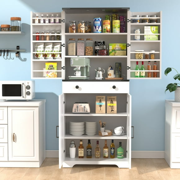 UPGO 72" Tall Farmhouse Kitchen Pantry Cabinet, Large Storage Cabinet with 6 Adjustable Shelves, 4 Barn Doors & Drawer for Bathroom, Dining Room, Off White
