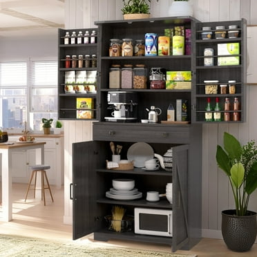 72" Tall Farmhouse Kitchen Pantry Cabinet, Large Storage Cabinet with 6 Adjustable Shelves, 4 Barn Doors & Drawer for Bathroom, Dining Room, Black