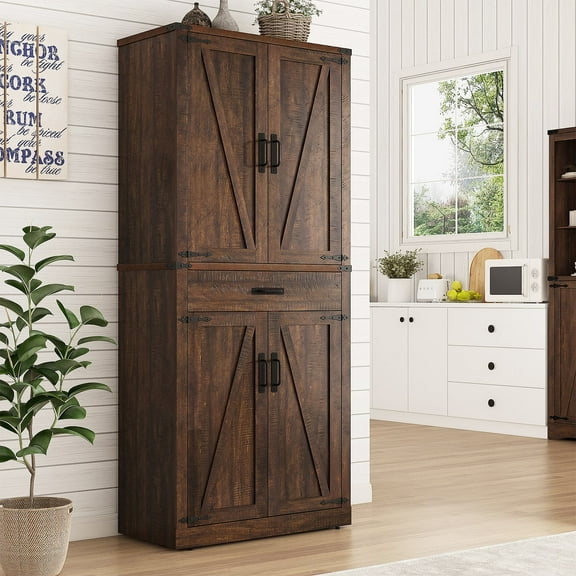 72" Tall Farmhouse Kitchen Pantry Cabinet w/1 Drawer & 4 Roomy Storage Shelves, Versatile Wood Storage Cabinet with 4 Barn Door & Adjustable Shelves & for Dining Room Bathroom Utility Room
