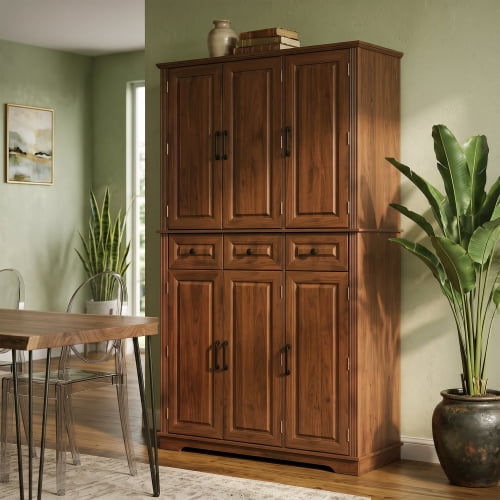 72" Tall Farmhouse Kitchen Pantry Cabinet with 3 Pull-Out Trays & 6 Door Racks, Walnut Brown