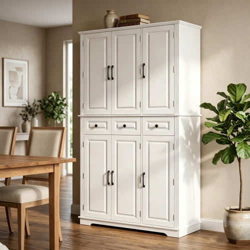 72" Tall Farmhouse Kitchen Pantry Cabinet with 3 Pull-Out Trays & 6 Door Racks, White