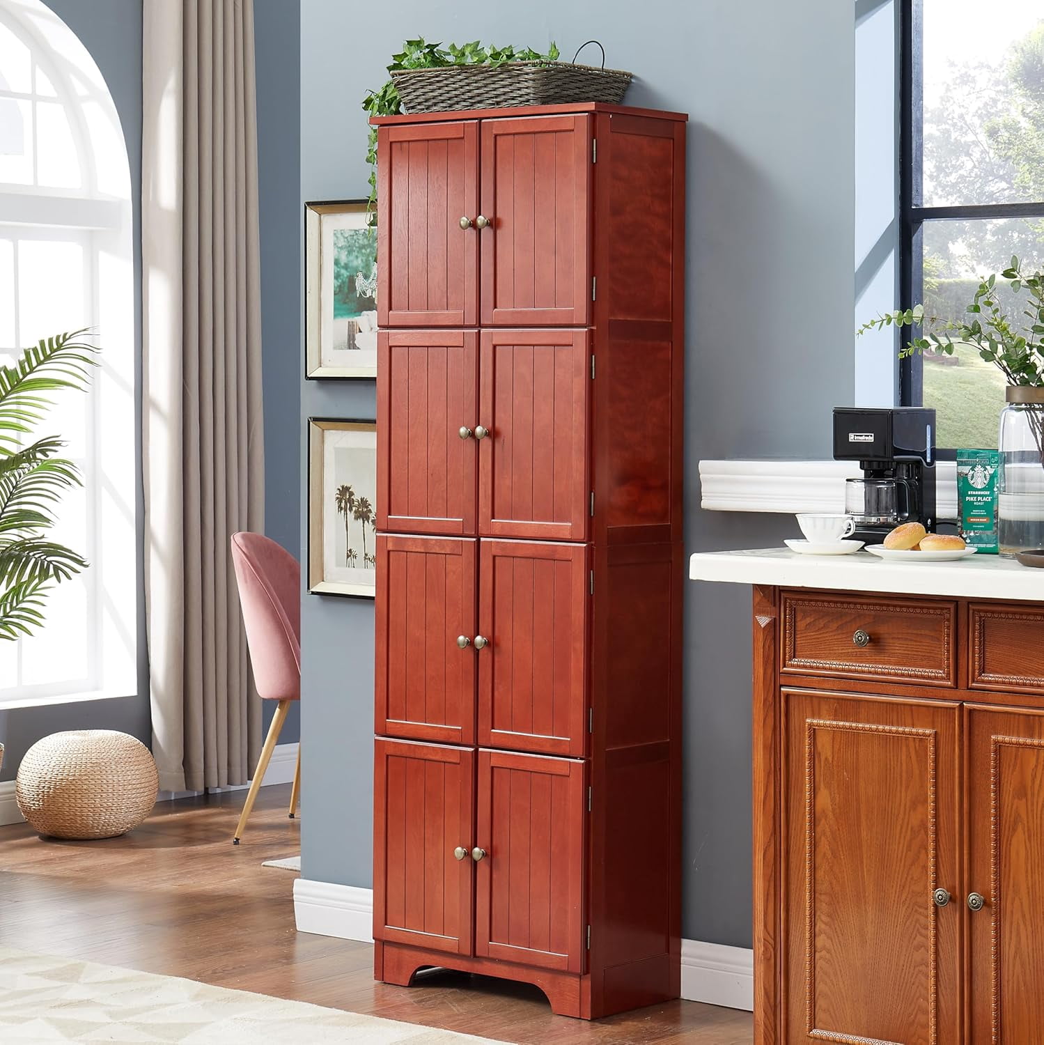 72" Tall Farmhouse Storage Cabinet, 4 Tier Kitchen Pantry Cabinet with 4 Shelves & 8 Doors, Freestanding Floor Storage Cabinet Wooden Organizer Bookcase for Living Room, Kitchen (Cherry)