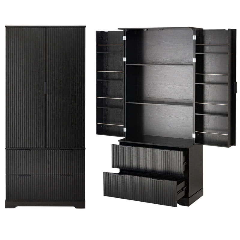 72'' Tall Fluted Kitchen Pantry Hutch with Rack & Drawer, Multi-Functional Storage Cabinet, Freestanding Cupboard Organizer