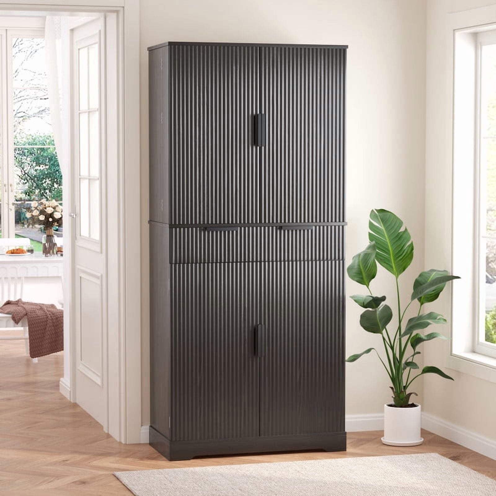 72'' Tall Fluted Kitchen Pantry Hutch with Rack & Drawer, Multi-Functional Storage Cabinet, Freestanding Cupboard Organizer