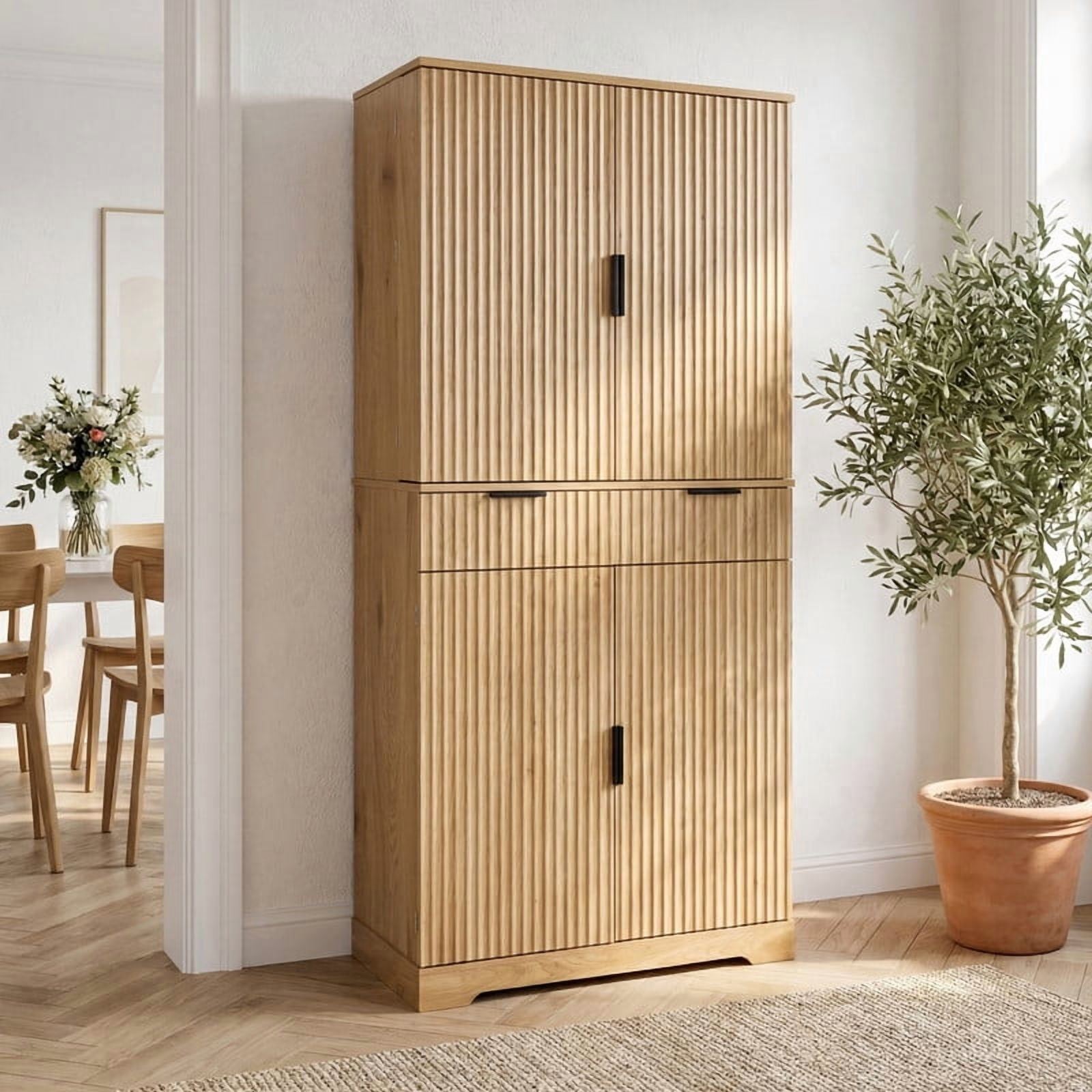 72'' Tall Fluted Kitchen Pantry Hutch with Rack & Drawer, Multi-Functional Storage Cabinet, Freestanding Cupboard Organizer