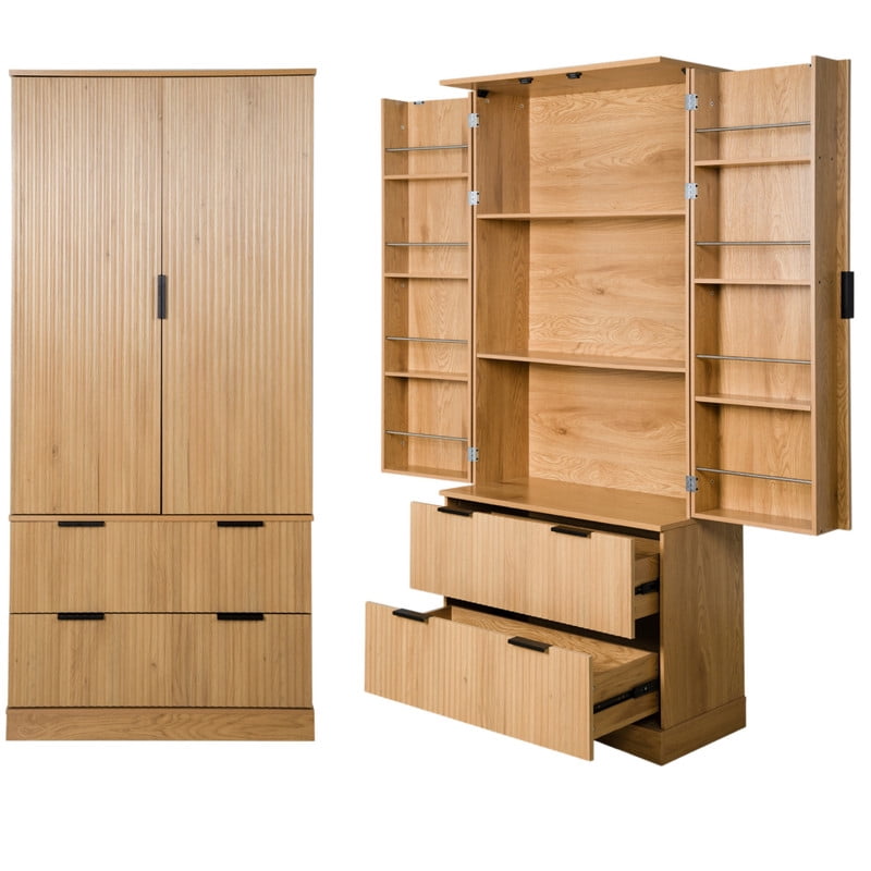 72'' Tall Fluted Kitchen Pantry Hutch with Rack & Drawer, Multi-Functional Storage Cabinet, Freestanding Cupboard Organizer