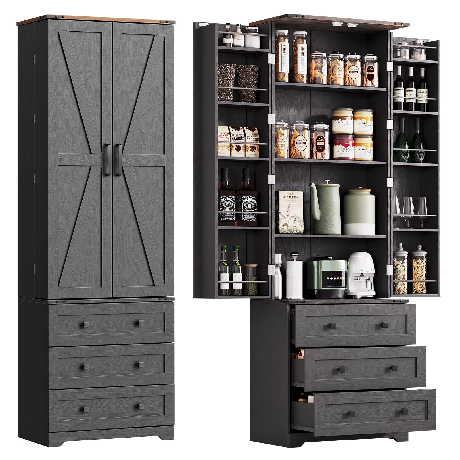 72" Tall Kitchen Pantry Cabinet with 3 Drawers&2 Barn Doors, Farmhouse  Storage Cabinet with Adjustable Shelves for Kitchen, Dining Room and Living Room