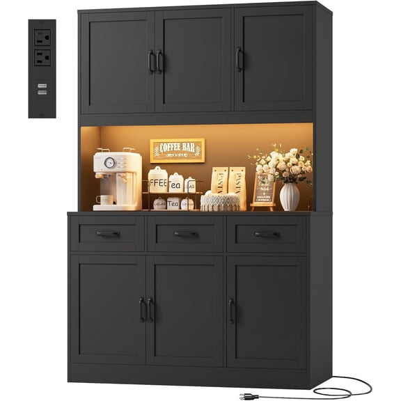 72" Tall Kitchen Pantry Cabinet with Charging Station | LED Lights, 47" W Kitchen Pantry Storage Cabinet with Countertop, Modern Kitchens Hutch Cabinets with Storage for Dining Room, Black