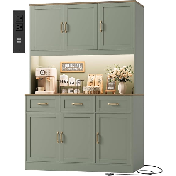 72" Tall Kitchen Pantry Cabinet with Charing Station | LED Lights, 47" W Kitchen Pantry Storage Cabinet with Countertop, Modern Kitchens Hutch Cabinets with Storage for Dining Room, Green