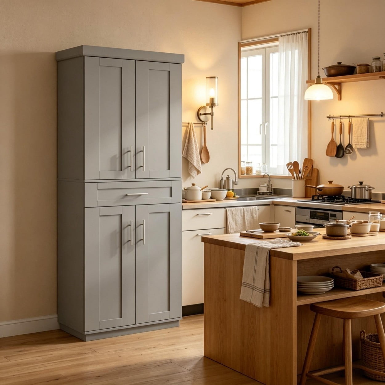 72" Tall Kitchen Pantry Cabinet with Drawer & Adjustable Shelves, Freestanding Storage Cabinet with Doors, Modern Farmhouse Cupboard Organizer for Kitchen Dining Room Living Room, Gray