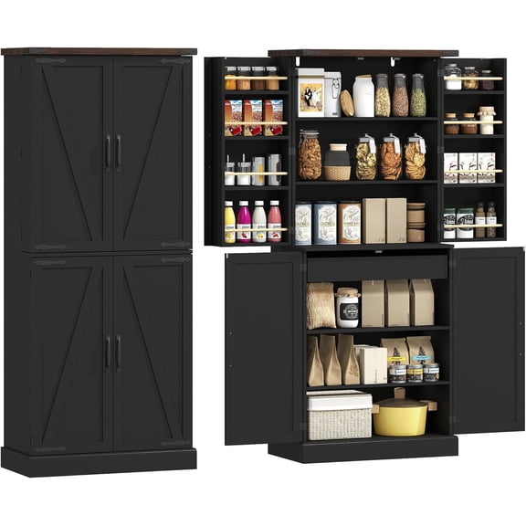 72" Tall Kitchen Pantry Cabinet, Farmhouse Storage Cabinet with 8 Door Racks and Drawer, Freestanding Food Pantry with Adjustable Shelves and Barn Doors, Black
