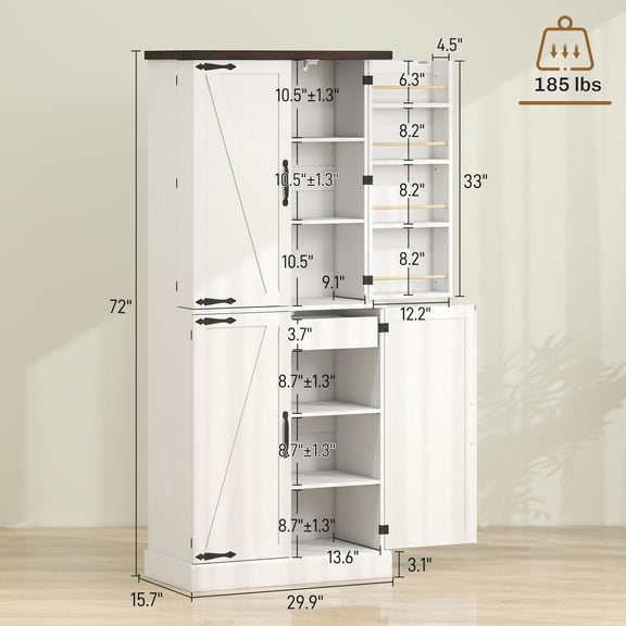 72" Tall Kitchen Pantry Cabinet, Farmhouse Storage Cabinet with 8 Door Racks and Adjustable Shelves, White