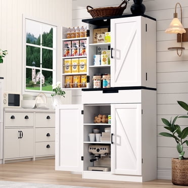 72" Tall White Kitchen Pantry Cabinet With Barn Doors, Drawer & Adjustable Shelves - Farmhouse Storage Cupboard