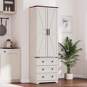 72 Tall Kitchen Pantry Cabinet, Freestanding Cupboard Storage Cabinet with Barn Doors & Drawers, Large Farmhouse Pantries for Dining Room, White/brown