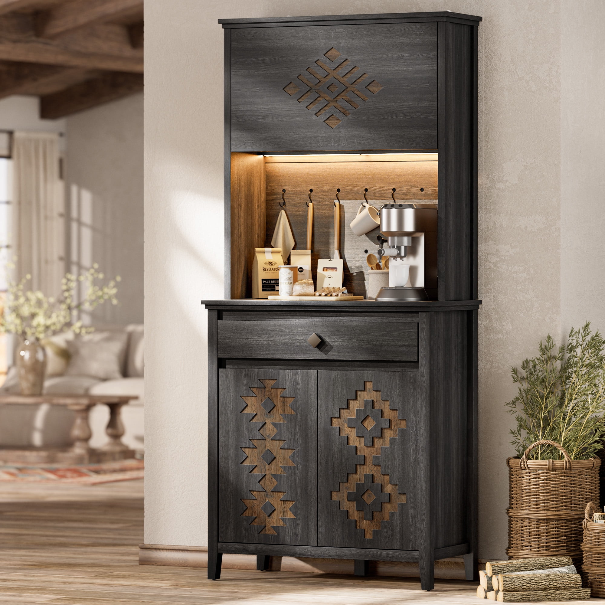 Einhomn 72" Tall Farmhouse Kitchen Pantry Cabinet with Charging Station & LED Light, Flip up Door & Adjustable Shelves,Black