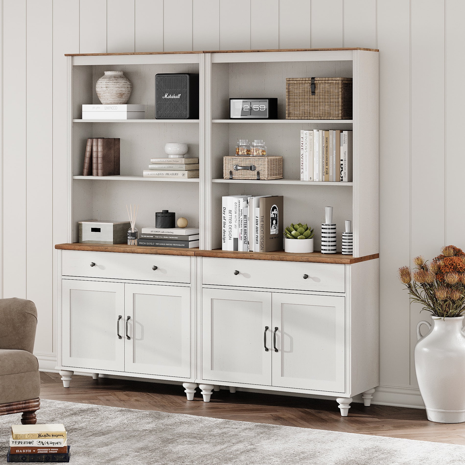72'' Tall Kitchen Pantry Cabinet with Shelves, 34'' Wide Dining Hutch with Drawers and Doorss, Farmhouse Pantry Storage for Kitchen, Home Decor, Living Room, White