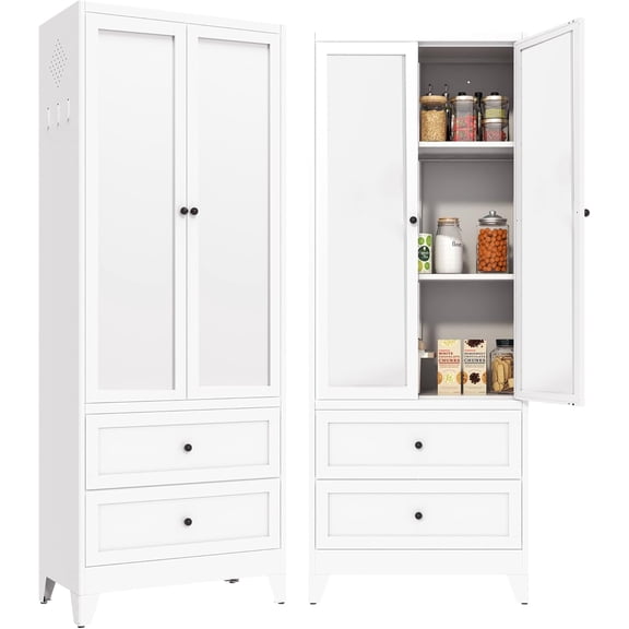 72" Tall Kitchen Pantry Cabinet,White Metal Pantry Cabinet with 2 Drawers & 2 Adjustable Shelves,Utility Storage Cabinet Rust-Resistant for Living Room,Dining Room,Bathroom,Garage,Basement