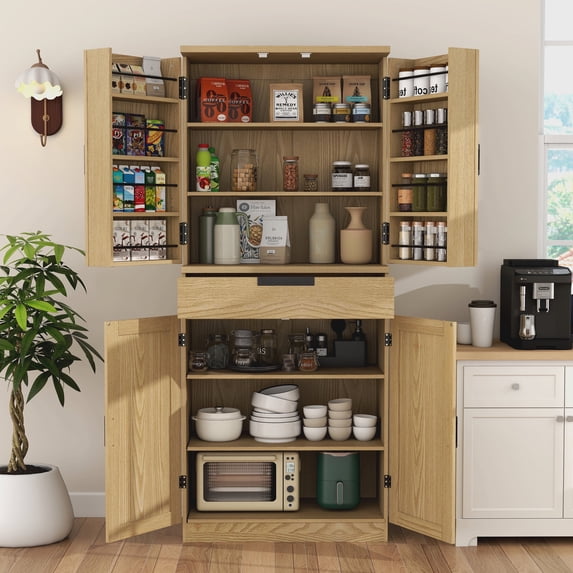 BOMETAO Pantry Cabinet, 72“ Tall Kitchen Storage Cabinet with a Drawer, 2 Cabinets, 4 Adjustable Shelves, 8 Door Shelves, Freestanding Cupboard for Living Room, Kitchen, Natural Oak