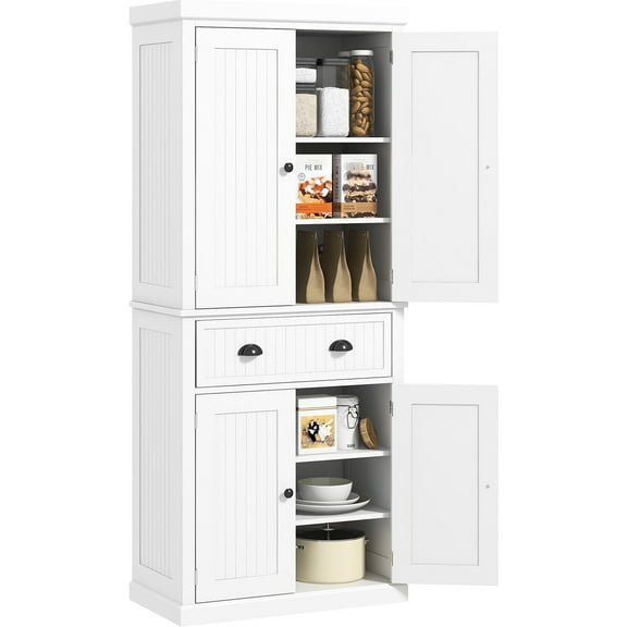 72" Tall Kitchen Pantry By : Storage Cabinet With Drawer & Doors. White, Stores Various Items. Adjustable Shelves. Aesthetic. Strong Secure. 22lbs Shelf Capacity. Assembly Required Unit: