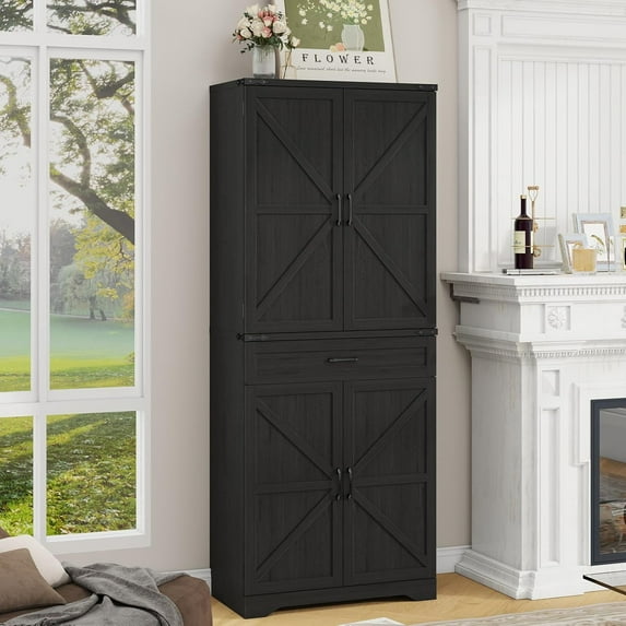 72" Tall Kitchen Pantry Storage Cabinet, Farmhouse Style with Organizer, Large Capacity Storage Cabinet with Drawer,Freestanding Cupboard for Kitchen, Dining Room, Living Room, Black