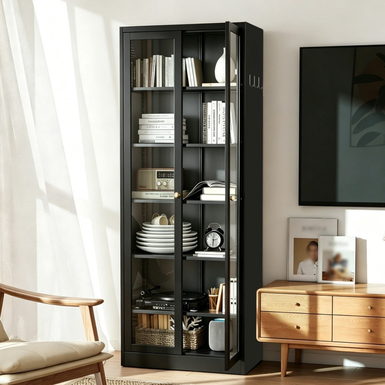 72" Tall Metal Kitchen Pantry Cabinet, Freestanding Storage Cabinet with Glass Doors, 5 Adjustable Shelves, Heavy Duty Steel Organizer for Kitchen Bathroom Pantry, Black
