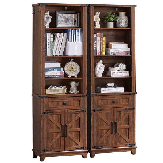 72" Tall Modern Bookshelf with Drawer Set of 2, 7-Tier Wooden Storage Cabinet, Versatile Bookcase Barn Door Design for Living Room, Office, Brown