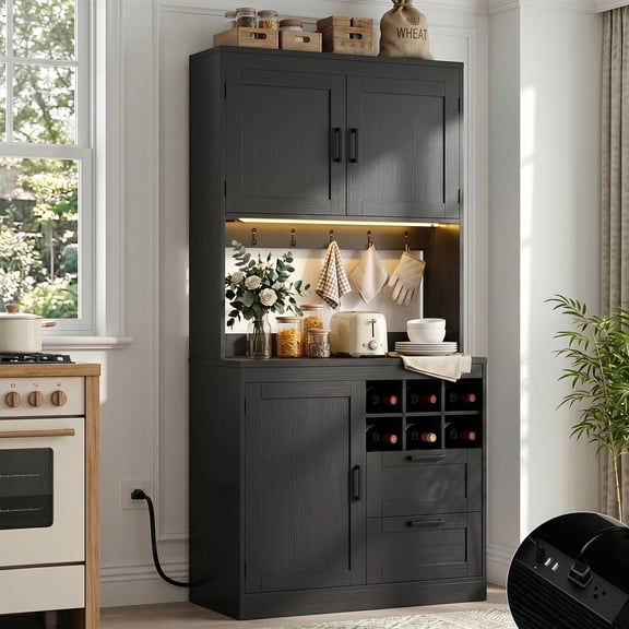 Homieasy 72'' Tall Pantry Cabinet with 2 Drawers and Doors, Farmhouse Kitchen Cupboard with Power Outlets and Lights, Black