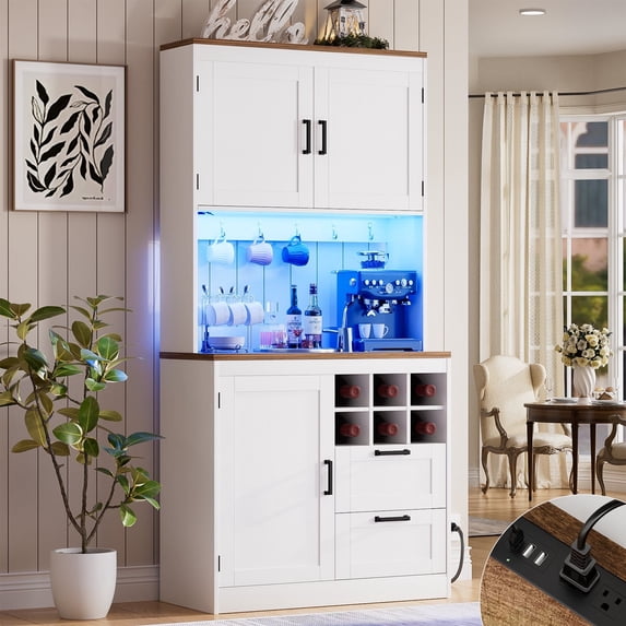 Homieasy 72'' Tall Pantry Cabinet with 2 Drawers and Doors, Farmhouse Kitchen Cupboard with Power Outlets and Lights, White & Walnut