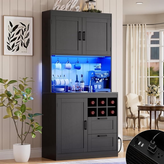 72'' Tall Modern Pantry Cabinet with 2 Drawers & Grid Storage, Versatile Wood Storage Cabinet with Power Outlets, LED Lights, 3 Doors and 6 Hooks for Kitchen/Dining/Bathroom