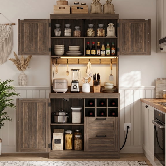 Homieasy 72'' Tall Pantry Cabinet with 2 Drawers and Doors, Farmhouse Kitchen Cupboard with Power Outlets and Lights, Weathered Brown