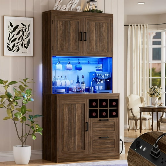 72'' Tall Modern Pantry Cabinet with 2 Drawers & Grid Storage, Versatile Wood Storage Cabinet with Power Outlets, LED Lights, 3 Doors and 6 Hooks for Kitchen/Dining/Bathroom