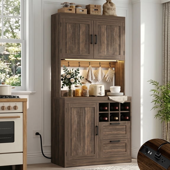 Homieasy 72'' Tall Pantry Cabinet with 2 Drawers and Doors, Farmhouse Kitchen Cupboard with Power Outlets and Lights, Weathered Brown