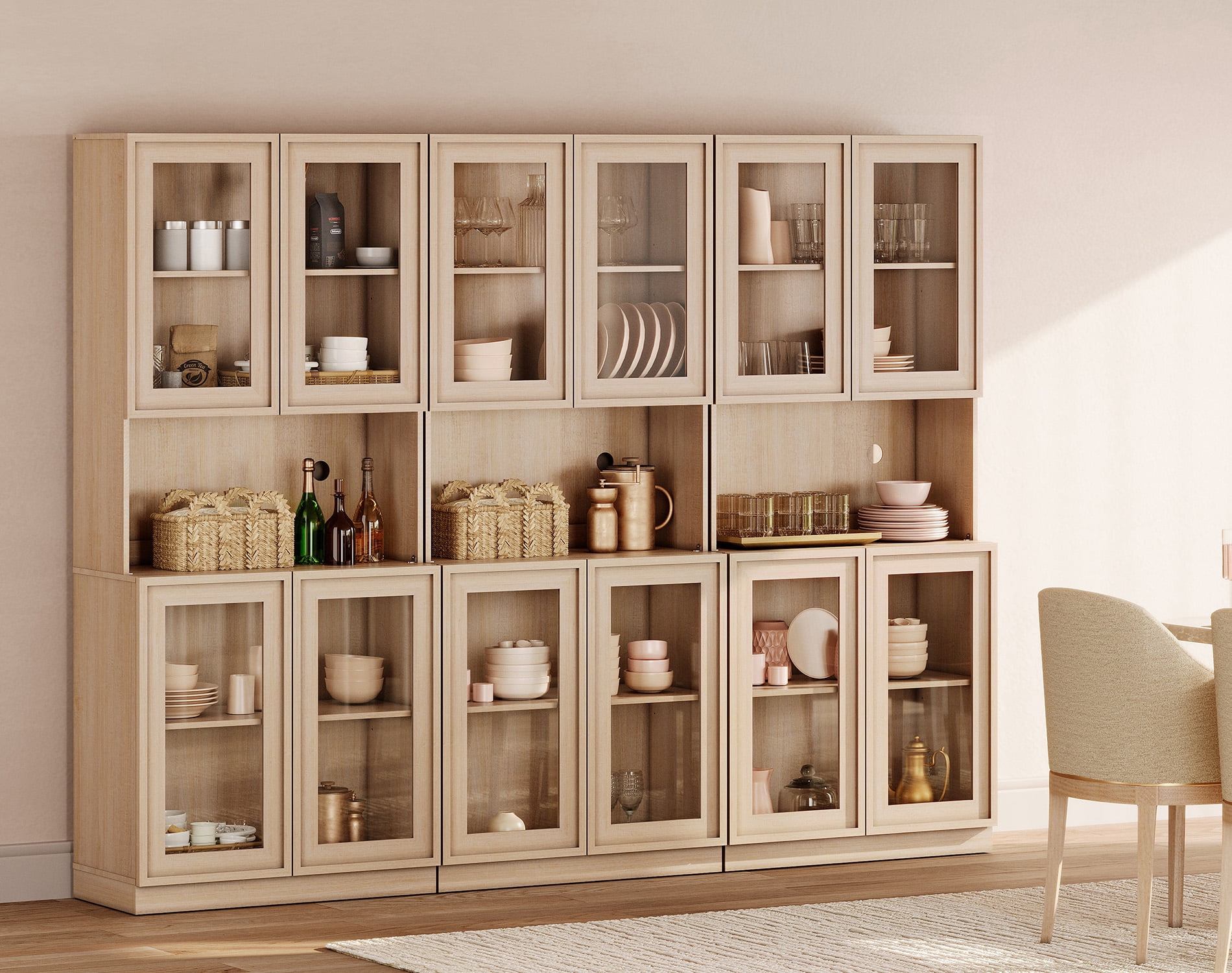72" Tall Modern Sideboard Buffet Cabinet, Glass Door Storage Cabinet with Adjustable Shelves, Layered Wood Console Cabinet for Dining Room,Living Room, Entryway,Beige