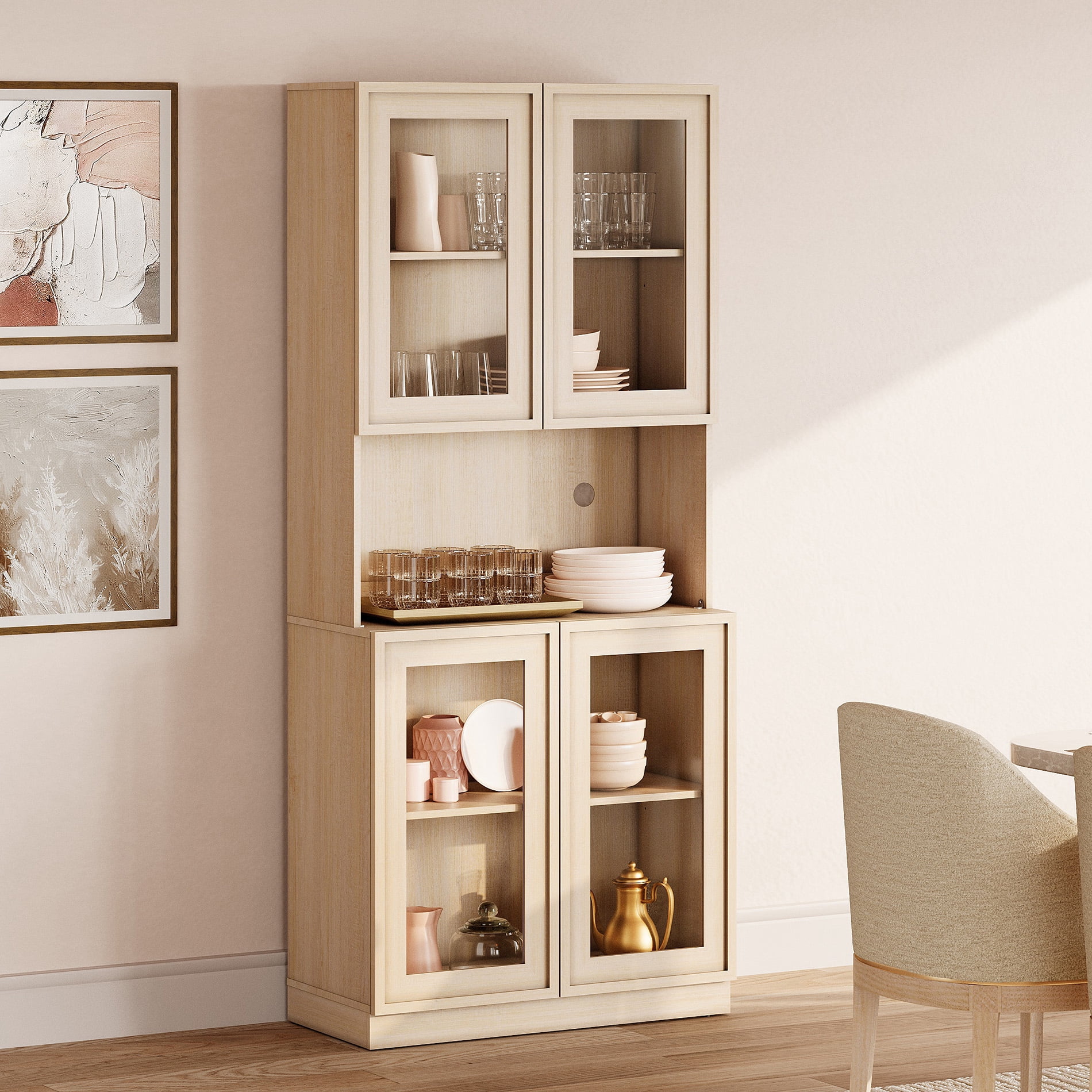 72" Tall Modern Sideboard Buffet Cabinet, Glass Door Storage Cabinet with Adjustable Shelves, Layered Wood Console Cabinet for Dining Room,Living Room, Entryway,Beige
