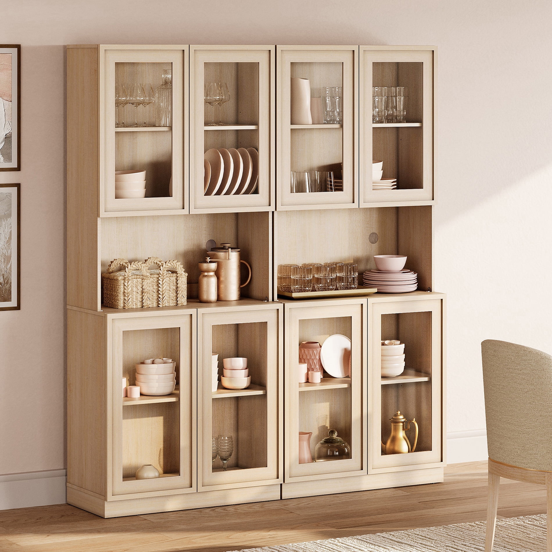 72" Tall Modern Sideboard Buffet Cabinet, Glass Door Storage Cabinet with Adjustable Shelves, Layered Wood Console Cabinet for Dining Room,Living Room, Entryway,Beige