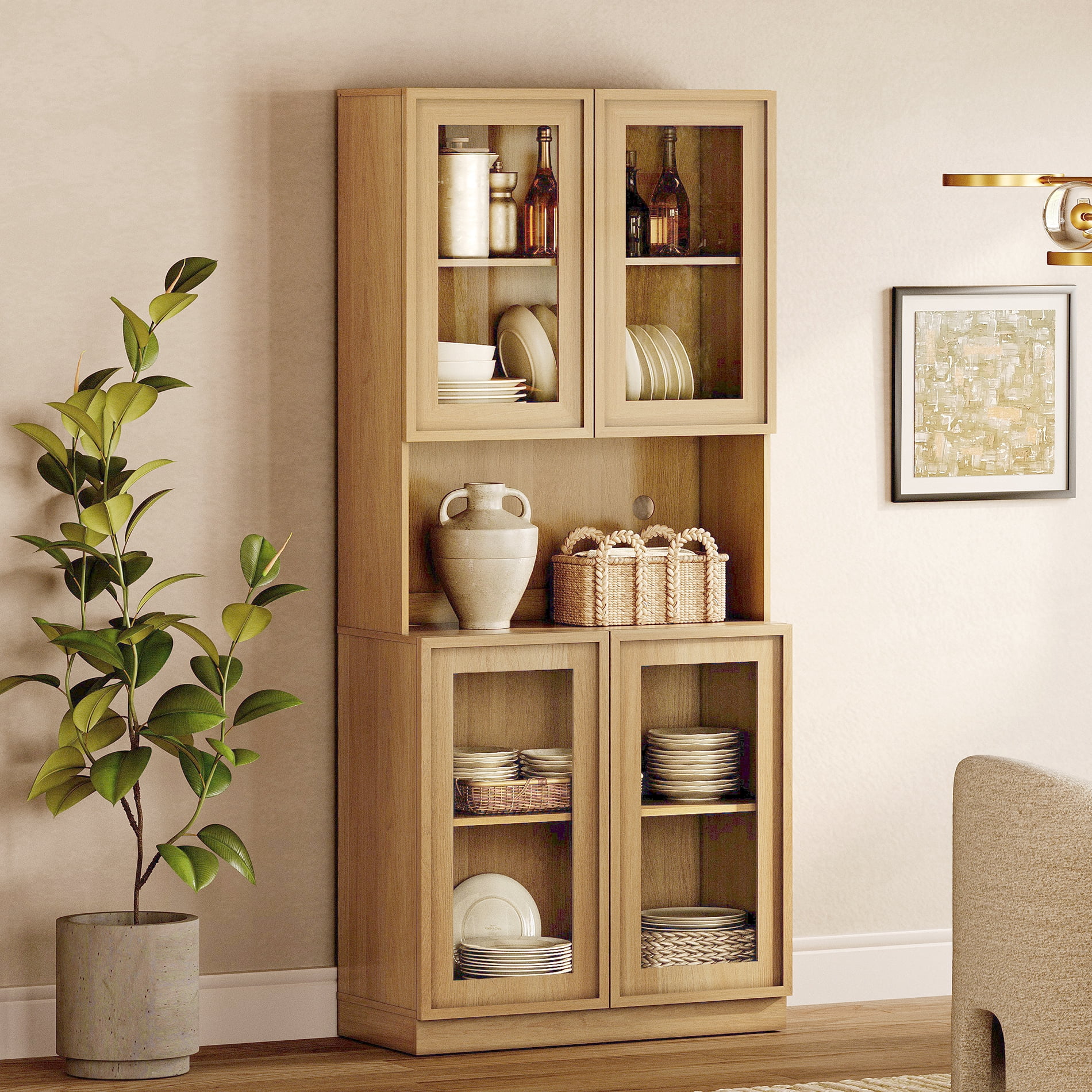 72" Tall Modern Sideboard Buffet Cabinet, Glass Door Storage Cabinet with Adjustable Shelves, Layered Wood Console Cabinet for Dining Room,Living Room, Entryway,Oak