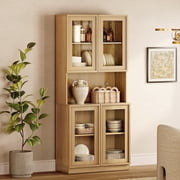 72" Tall Modern Sideboard Buffet Cabinet, Glass Door Storage Cabinet with Adjustable Shelves, Layered Wood Console Cabinet for Dining Room,Living Room, Entryway,Oak