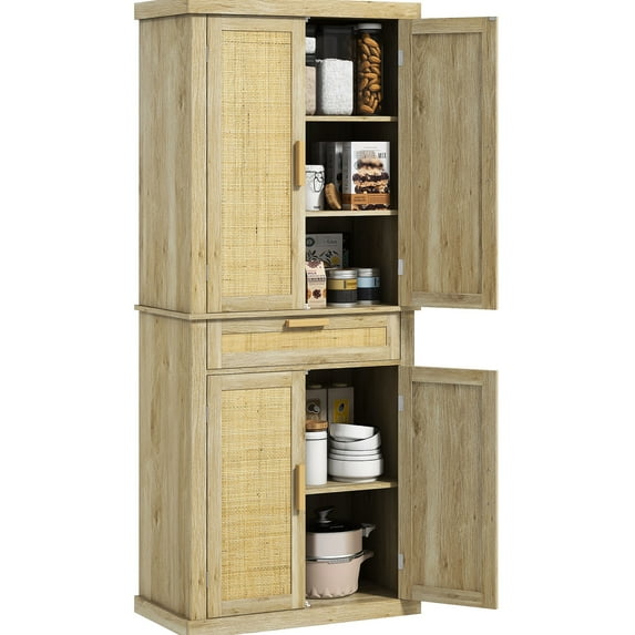 72" Tall Oak Pantry with Rattan Panel, 4 Doors, Drawer and 5 Shelves / Adjustable Space, Bohemian Kitchen Storage