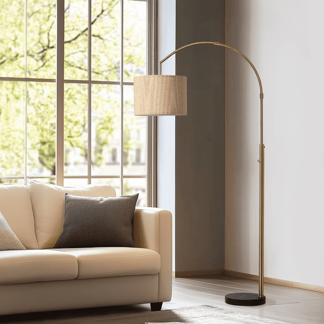 72'' Tall Overarching Floor Lamp,6W Bright, 10% To 100% Dimmable,Rotary Switch For Easy Control,Bamboo Woven Shade,Sturdy Marble Base,Dimmable,Offset Arm Standing Lamp For Living Room,Reading Corner
