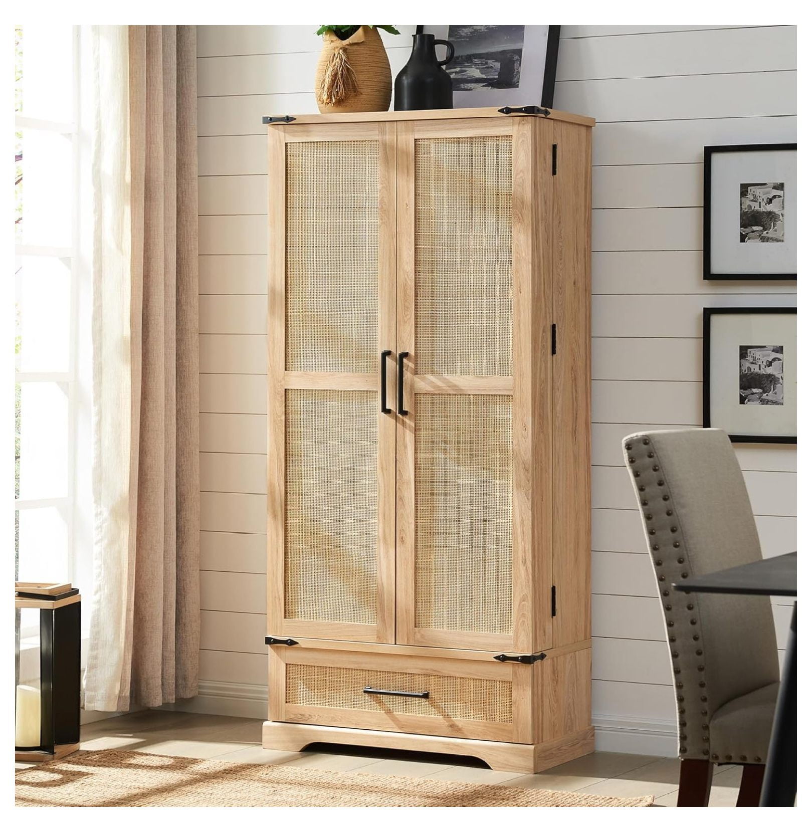 72" Tall Rattan Kitchen Pantry Cabinet with Drawer, Boho Storage ...