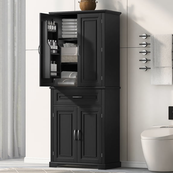 72" Tall Bathroom Storage Cabinet with Doors and Drawer, Freestanding Floor Cupboard with Storage Rack and Adjustable Shelf for Living Room, Black