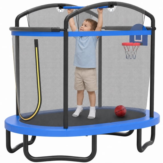 72" Toddler Trampoline with Safety Enclosure Net, Conchico Oval Indoor Kids Trampoline with Gym Bar, Basketball Hoop, Mini Trampoline for Kids, Small Trampoline with Net, Blue