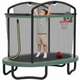 thumbnail image 1 of 72" Toddler Trampoline with Safety Enclosure Net, Conchico Oval Indoor Kids Trampoline with Gym Bar, Basketball Hoop, Mini Trampoline for Kids, Small Trampoline with Net, Green, 1 of 9