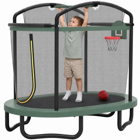 72" Toddler Trampoline with Safety Enclosure Net, Conchico Oval Indoor Kids Trampoline with Gym Bar, Basketball Hoop, Mini Trampoline for Kids, Small Trampoline with Net, Green