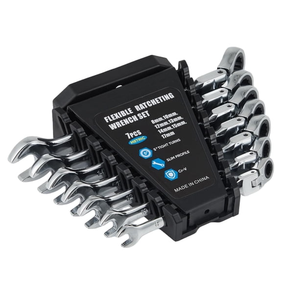 72-Tooth Ratcheting Combination Wrench Set - Cr-V Heat Treated - 12-Point Box End, 5° Swing - Metric 8mm-19mm - 7-piece set metric